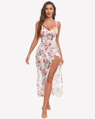 White floral sheer maxi nightdress with bow straps and leg slit
