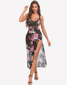 Black sheer maxi nightdress with pink rose print and side slit