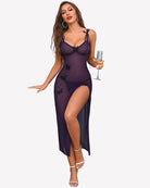Sheer maxi nightdress in dark purple with butterfly appliques, spaghetti straps, leg slit