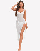 Sheer maxi nightdress in white with butterfly print, underwired bra cups, side slit