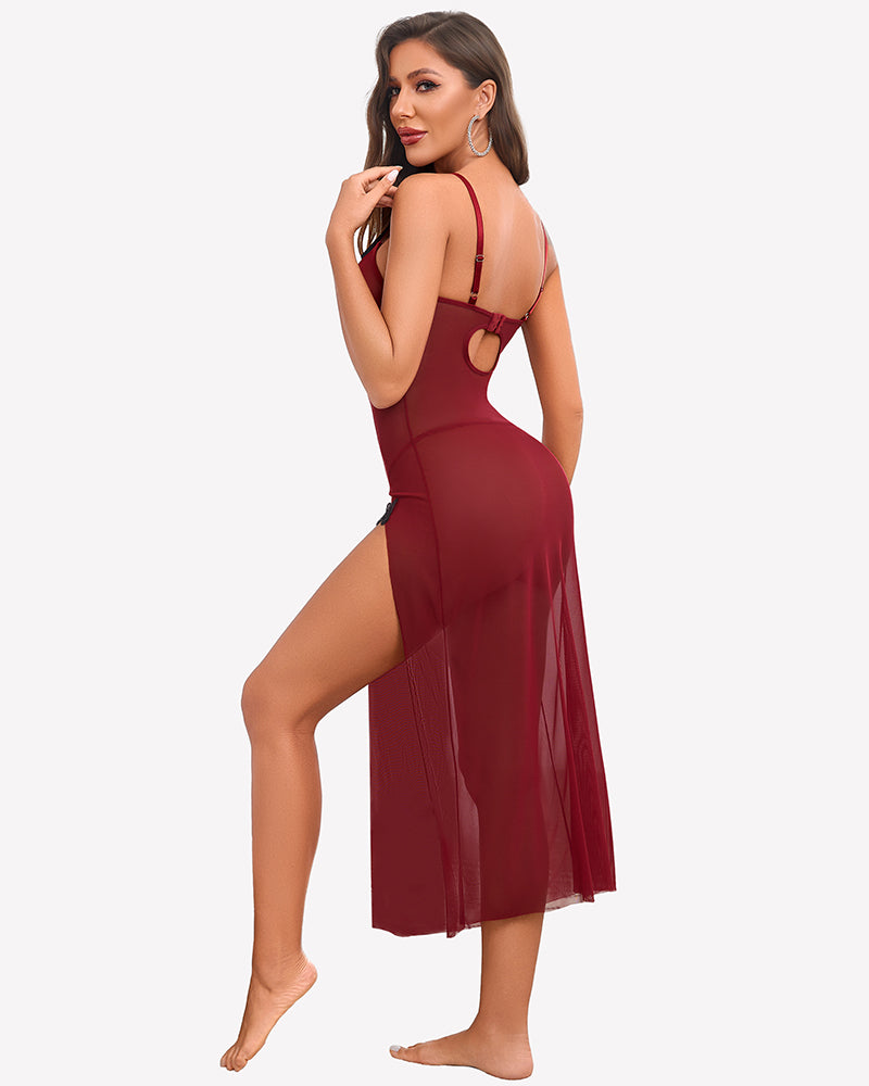Sheer maxi nightdress in wine red with open back and butterfly detailing, side slit