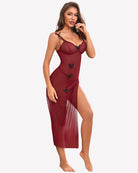 Sheer maxi nightdress in wine red with butterfly appliques, thin straps, thigh-high slit