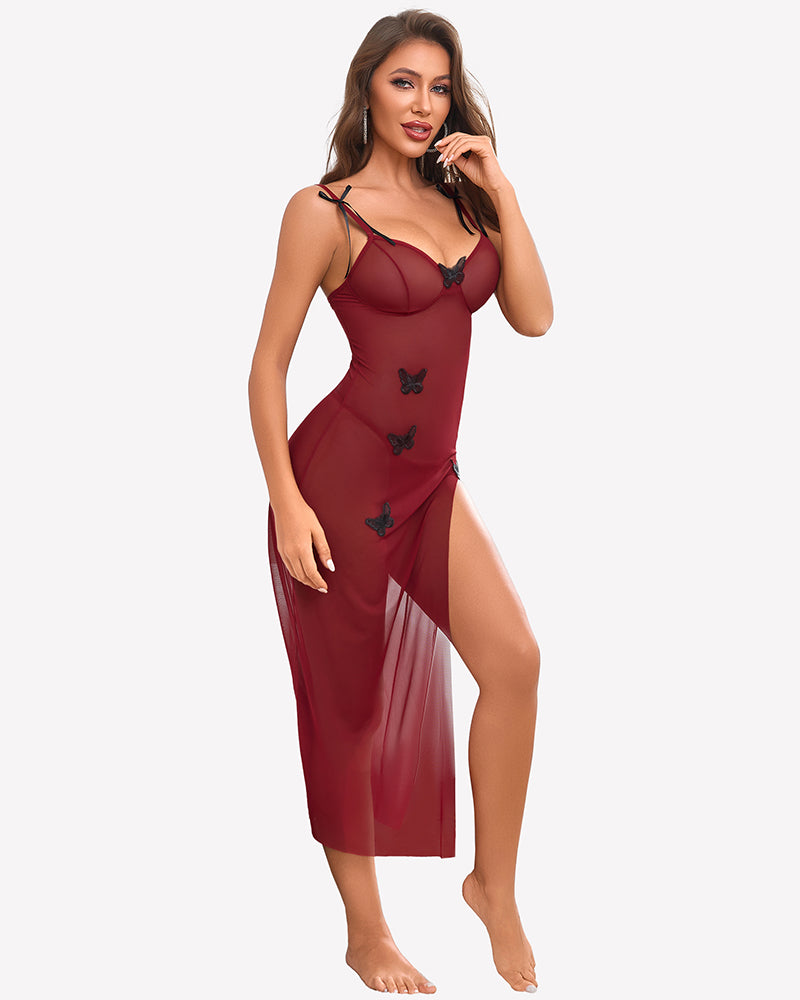 Sheer maxi nightdress in wine red with butterfly appliques, thin straps, thigh-high slit