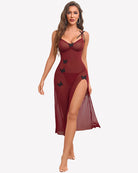 Sheer maxi nightdress in dark maroon with butterfly appliques, spaghetti straps, side slit
