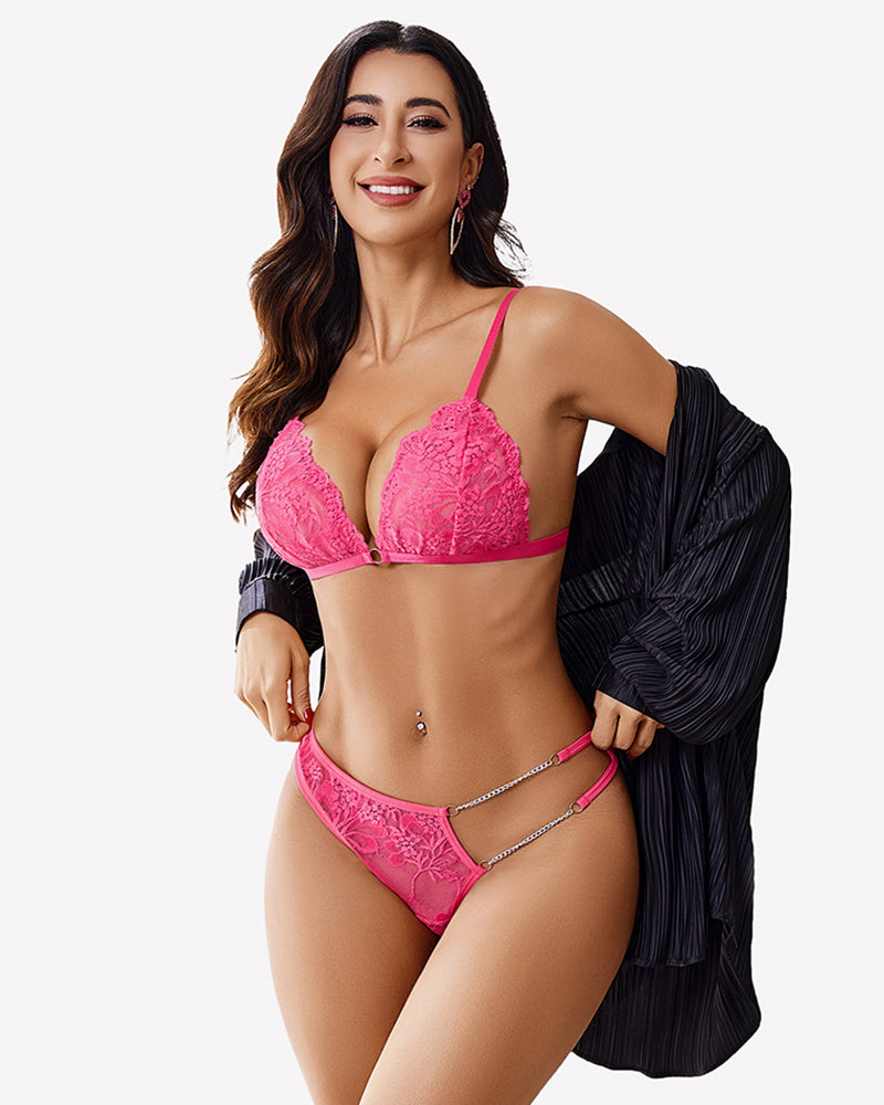 Pink lace bra and thong set with chain belt detail and thin adjustable straps