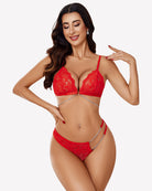 Red lace bra and thong set with chain garter straps, front view