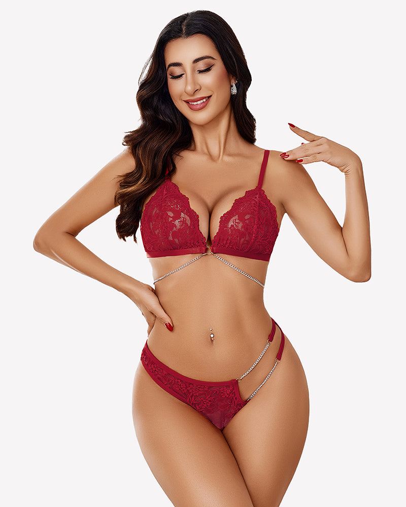 Red lace bra and thong set with chain belt straps and scalloped lace cups