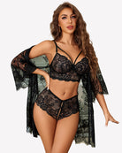 Black lace bra and panty set with lace kimono overlay effect