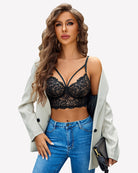 Black lace bra and panty set with V-neck bra and matching lace thong briefs