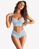 Light blue lace bra and panty set with underwire cups and lace thong-style briefs
