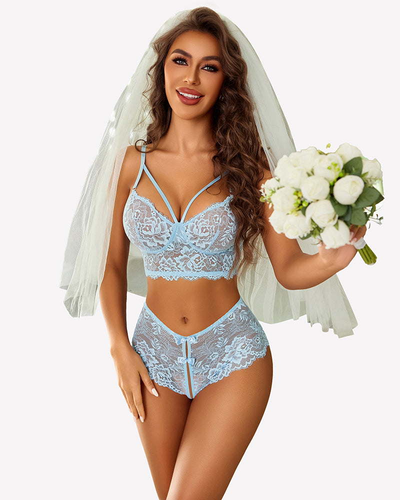 Light blue lace bra and panty set with floral lace detail and matching briefs