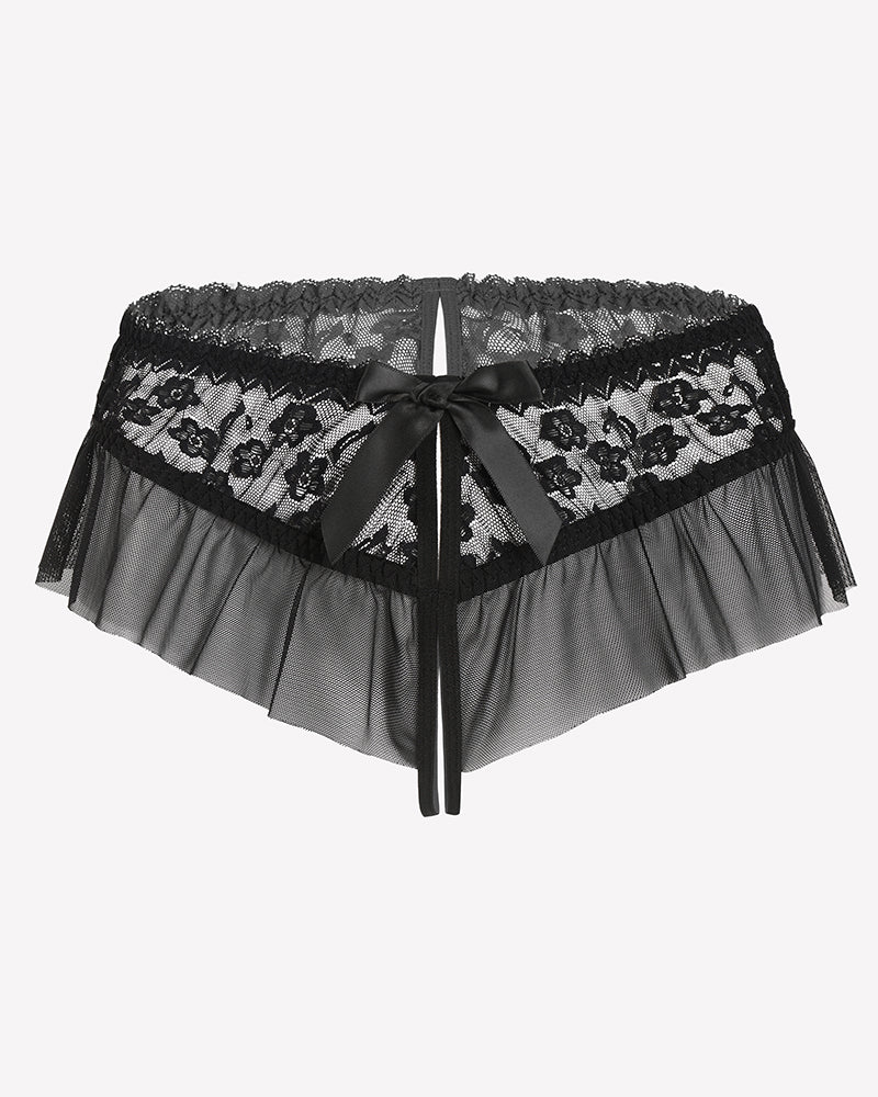 Floral lace briefs in black with floral lace waistband, tulle ruffle, and center satin bow.