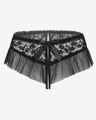 Floral lace briefs in black with floral lace waistband, tulle ruffle, and center satin bow.