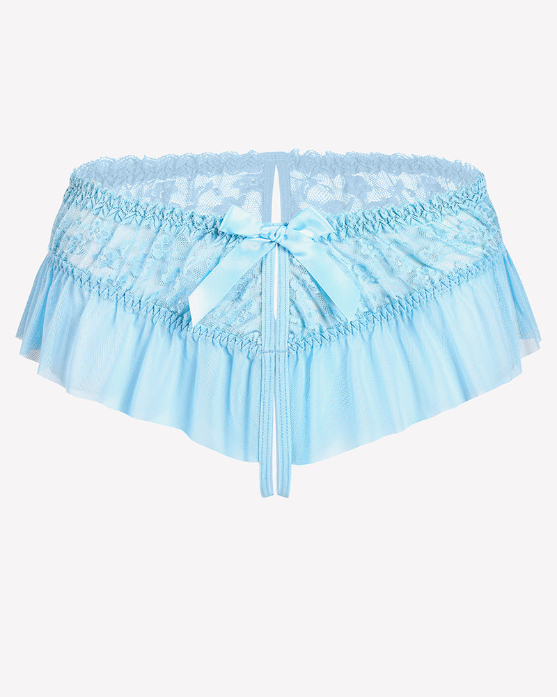Floral lace briefs in light blue with floral lace waistband, tulle ruffle, and bow tie.