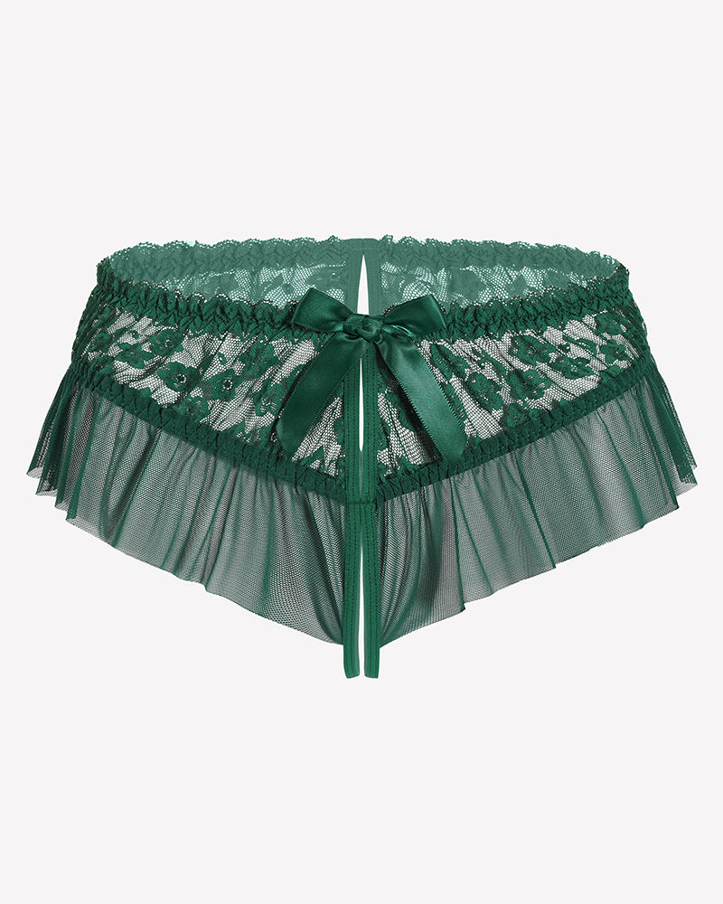 Green floral lace briefs with scalloped trim and center bow detail
