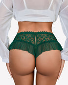 Green floral lace briefs with bow front and scalloped waistband trim