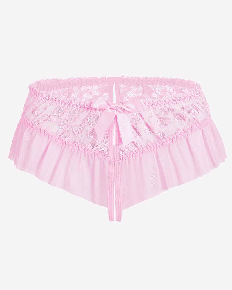 Pink floral lace briefs with center bow and layered ruffle hem