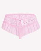 Pink floral lace briefs with center bow and layered ruffle hem
