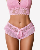 Pink floral lace briefs with center bow and ruffled sheer sides