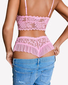 Pink floral lace briefs with center bow and scalloped lace waistband