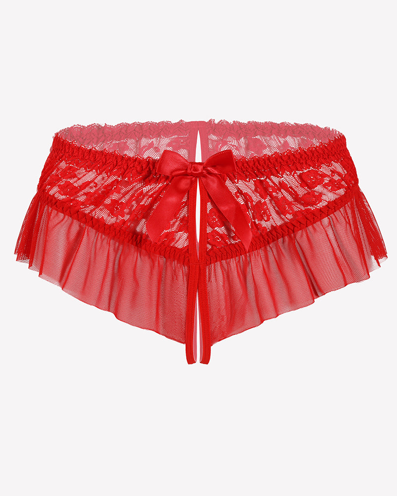 Red floral lace briefs with center bow and layered ruffle mesh hem