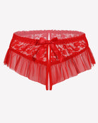 Red floral lace briefs with center bow and layered ruffle mesh hem