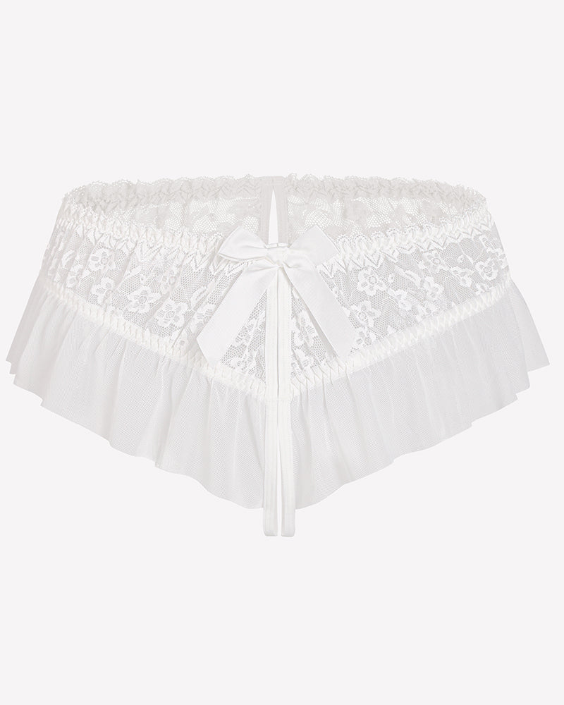 White lace briefs with ruffled mesh trim and tied bow at front
