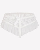 White lace briefs with ruffled mesh trim and tied bow at front
