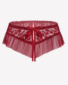Dark red lace tulle briefs with floral pattern and tied bow front