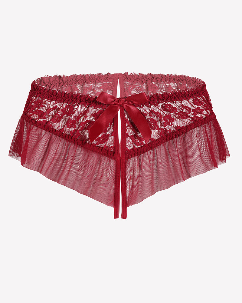 Dark red lace tulle briefs with floral pattern and tied bow front