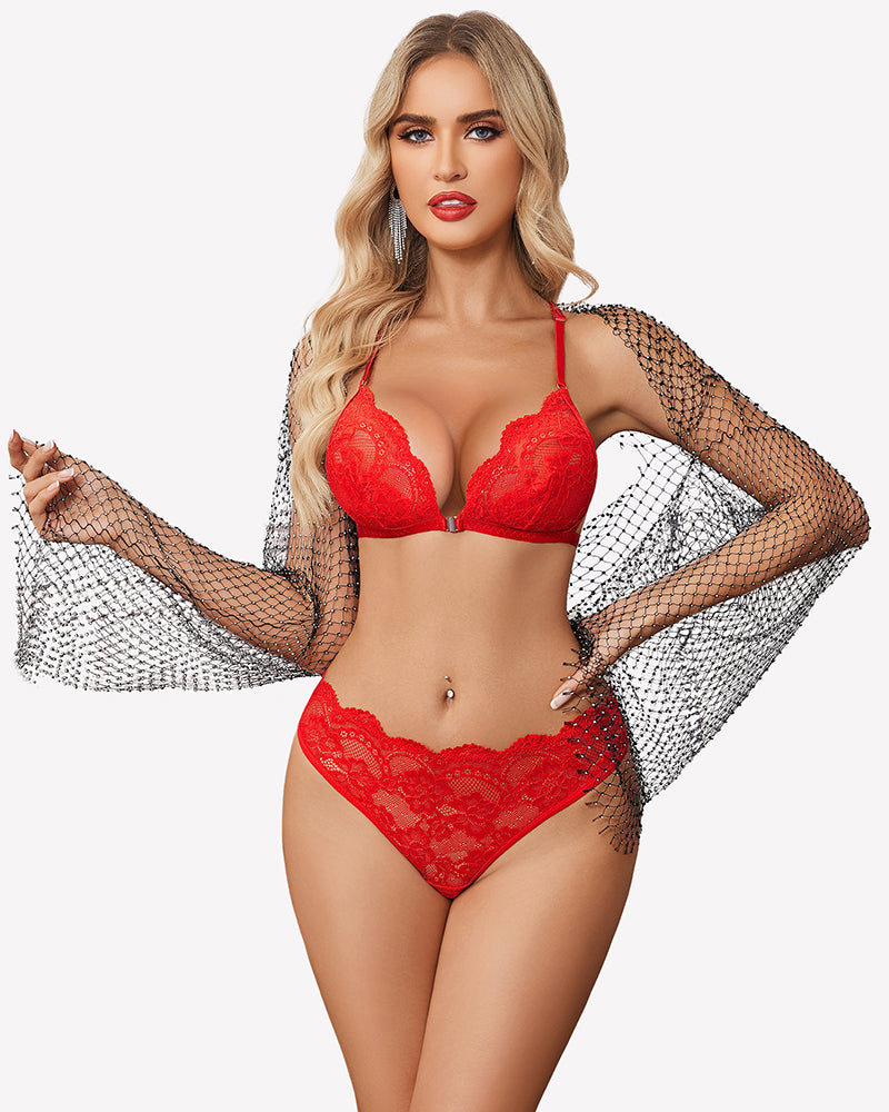 Red lace bra and panty set with scalloped cups and matching brief