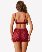 Wine red lace bralette back and mini skirt with lace-up side panel