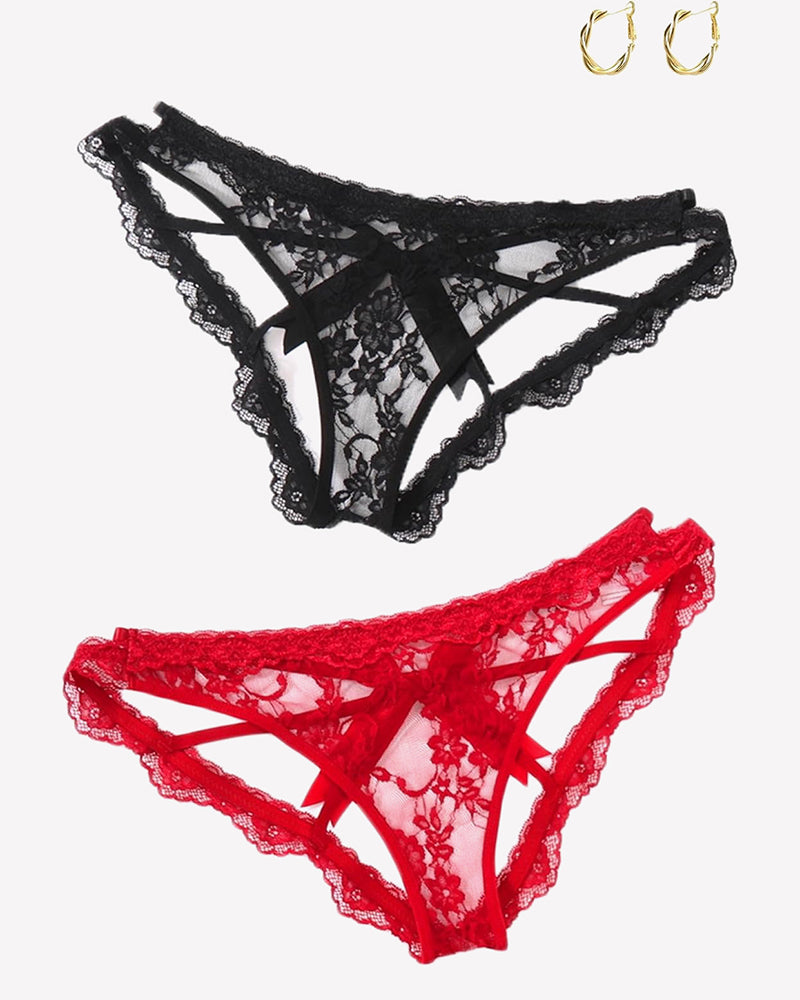 Black and red lace hollow-back low-rise panties with bow-accented straps