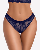 Low-rise lace panty with floral mesh panels and scalloped waist, dark blue