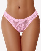 Pink lace low-rise thong with floral lace pattern and scalloped trim