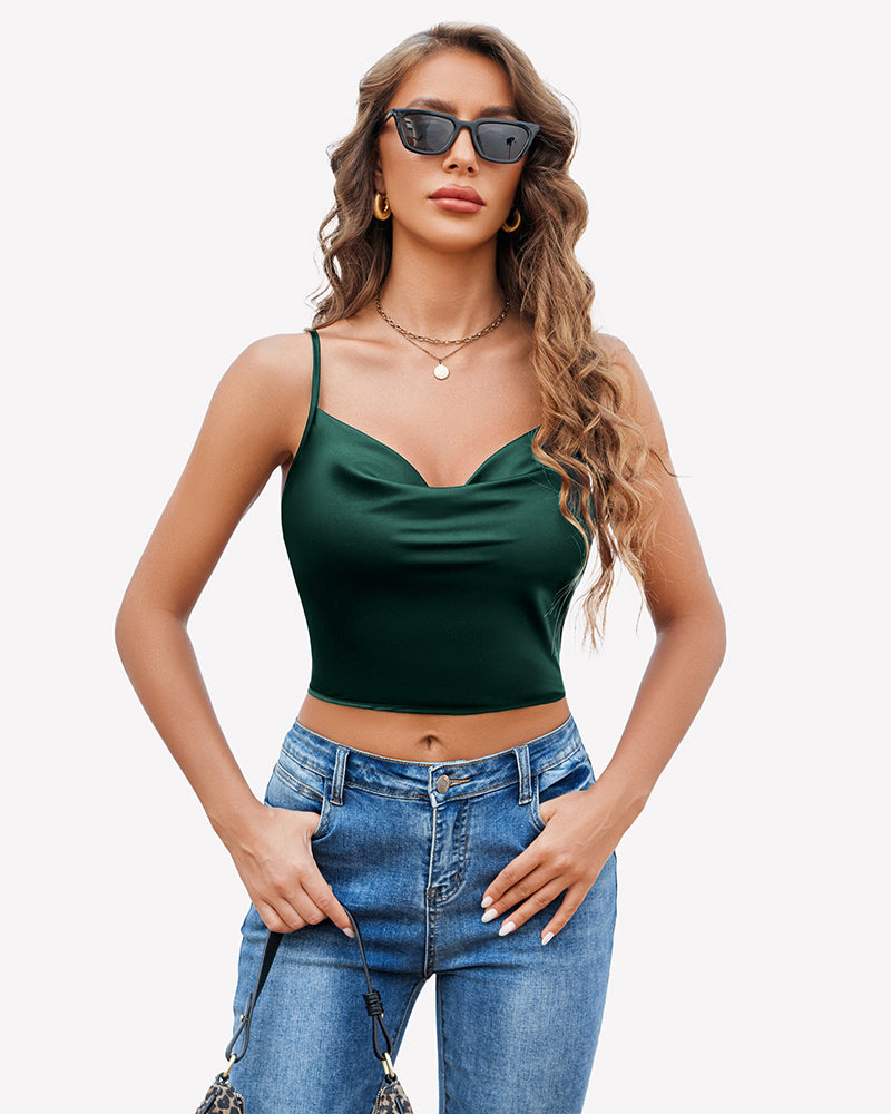Green silk satin camisole tank with V-neckline and fitted cropped silhouette