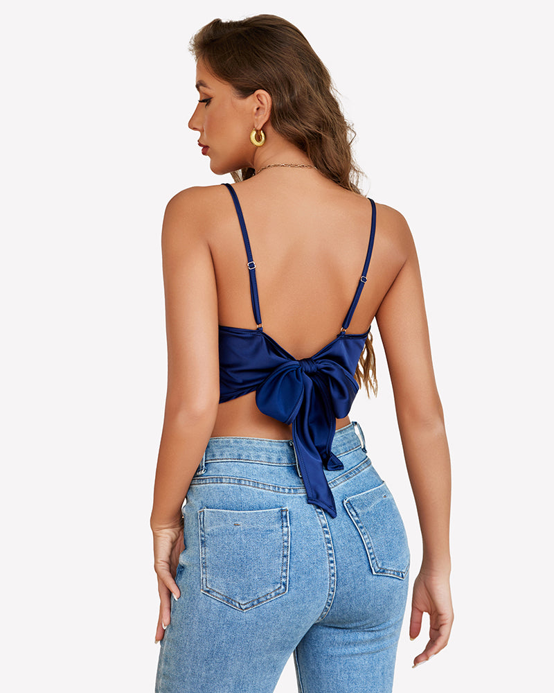 Silk satin camisole tank top, deep blue, open back with bow-tie detail