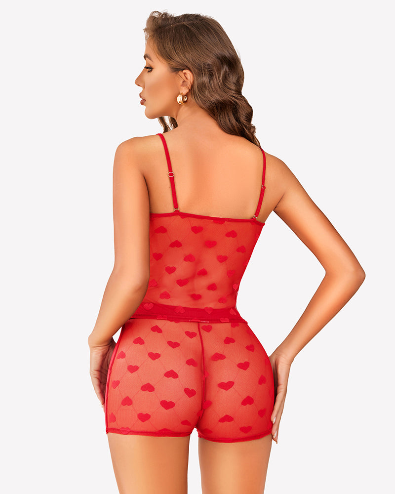 Red sheer heart lace pajama set with wide back cutout and short bottoms