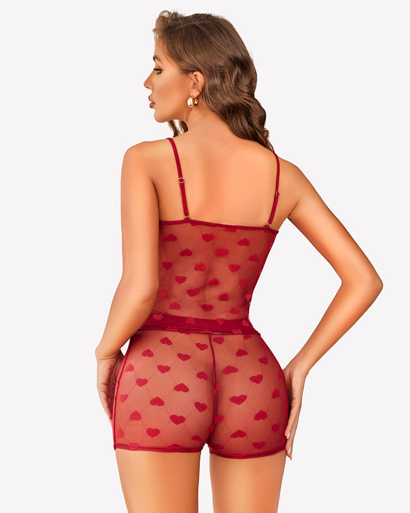 Red sheer heart pajama set with open back straps and heart-pattern shorts