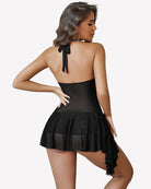 Back-view black mesh mini dress with open back and ruffled layered frill hem
