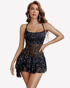 Black star print mesh mini dress with halter neckline and layered frill skirt