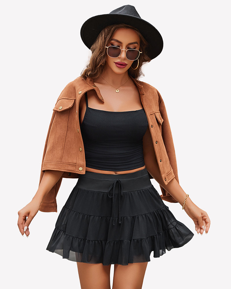 Black pleated mini skirt with tiered ruffle layers and drawstring waist