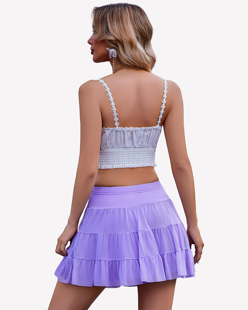 Lavender pleated mini skirt with tiered ruffle hem and elastic waistband