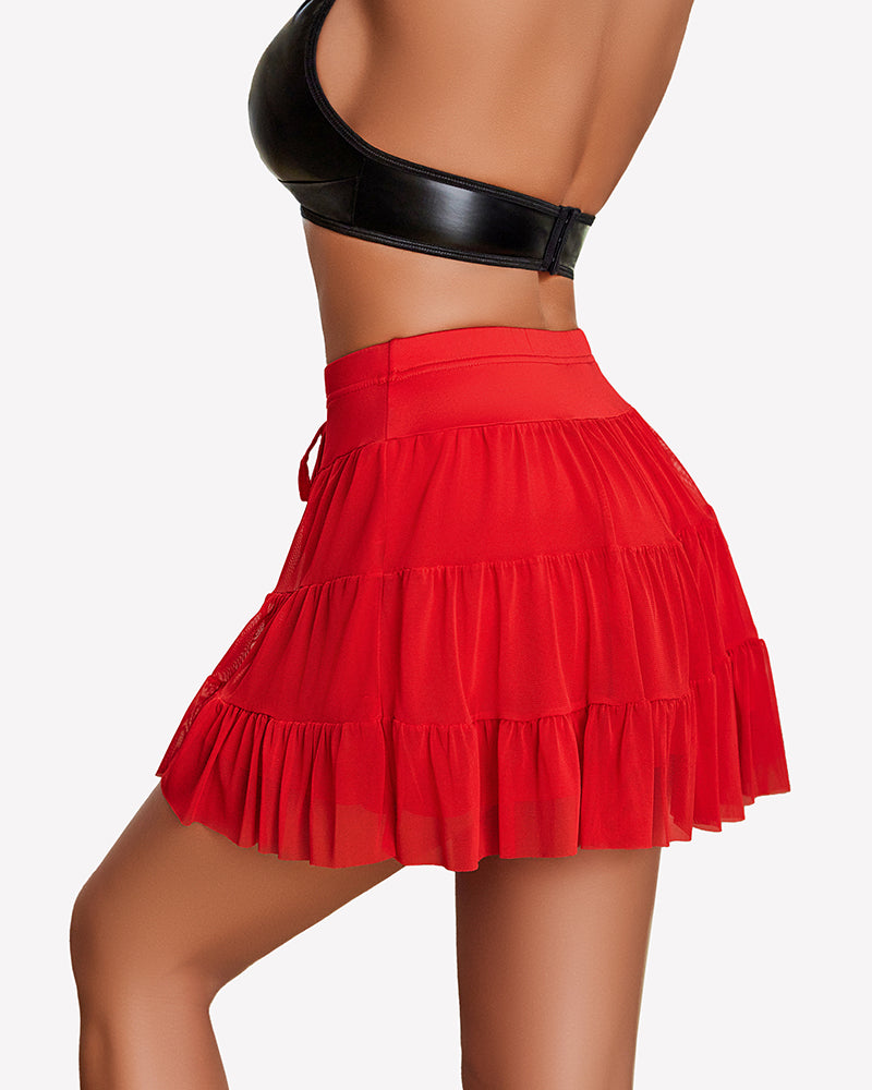 Red pleated mini skirt with tiered ruffles and drawstring waist