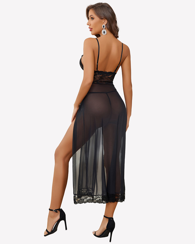Black low-back lace night gown with strappy back and sheer side-split skirt