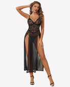 Black lace night gown with plunging neckline, sheer mesh skirt, side slit