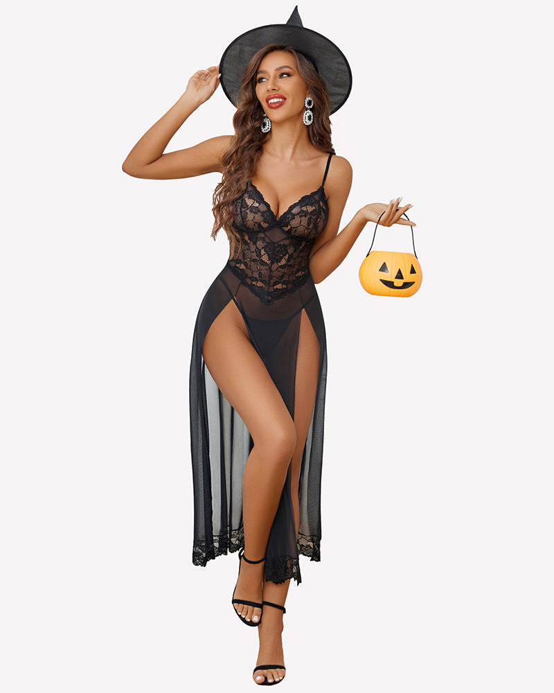 Black lace side-split night gown with V-neck bodice and sheer long skirt