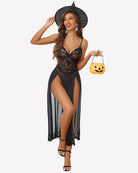 Black lace side-split night gown with V-neck bodice and sheer long skirt