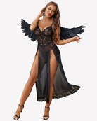 Black lace side-split night gown with sheer long overlay and lace scalloped hem