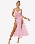 Pink lace long nightgown with plunging V neckline and high side slit